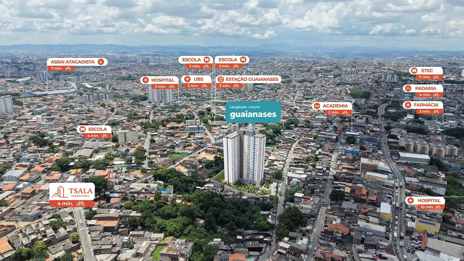 Mapa aéreo mostrando a localização do Estação Guaianases e pontos de interesse ao redor