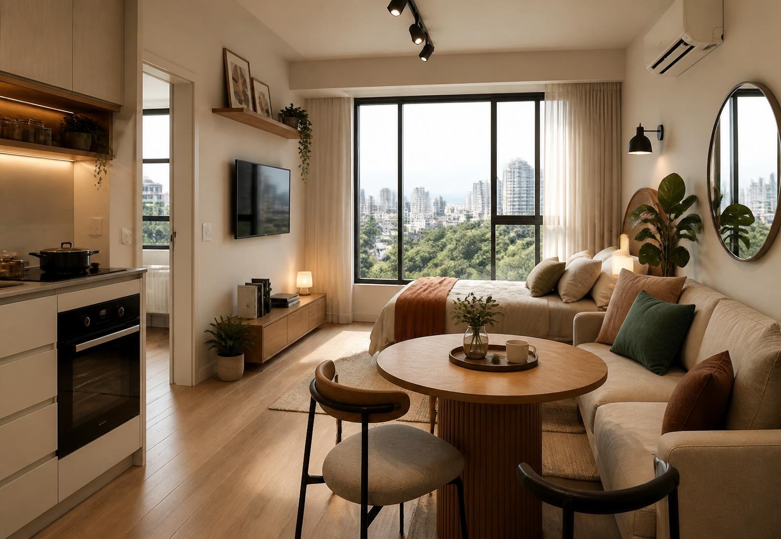 Apartamento decorado com sala, cozinha integrada e vista para a cidade