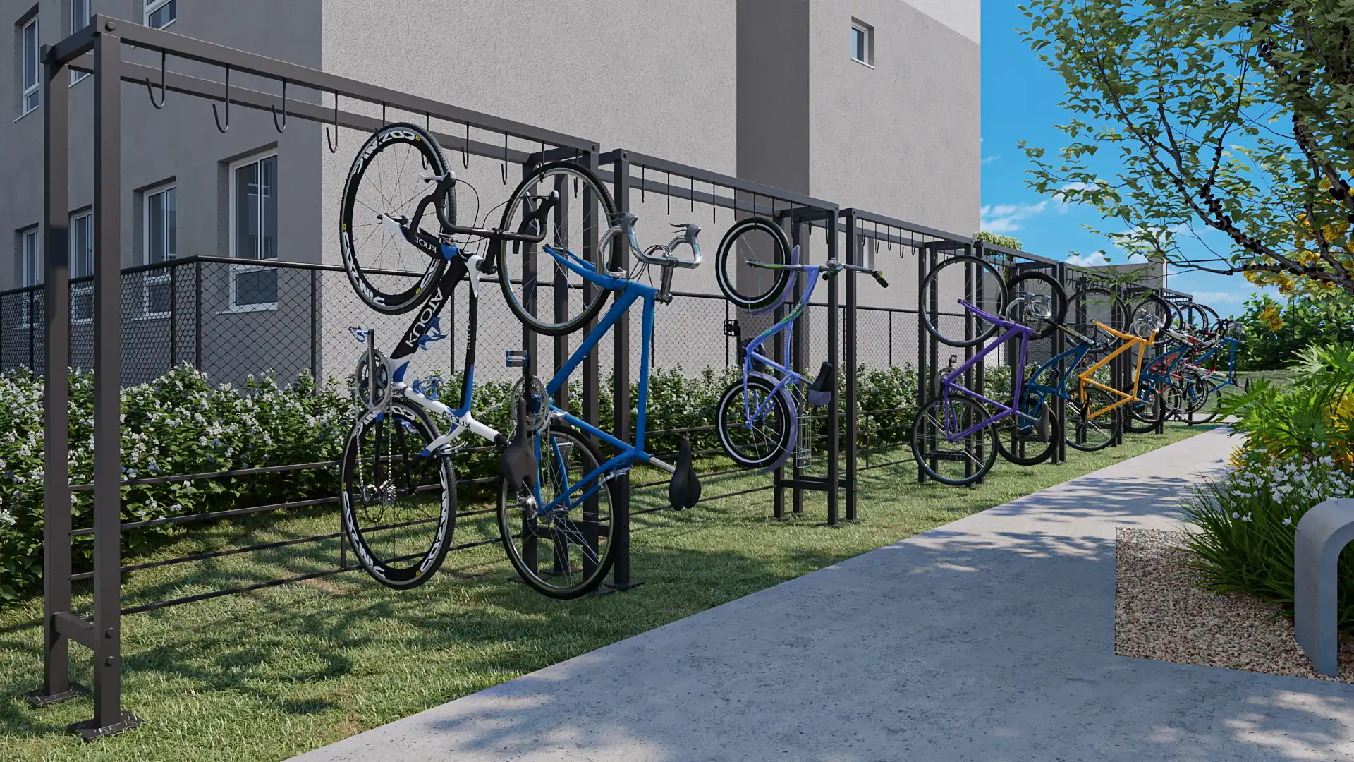 Bicicletário coberto com suportes verticais para bicicletas