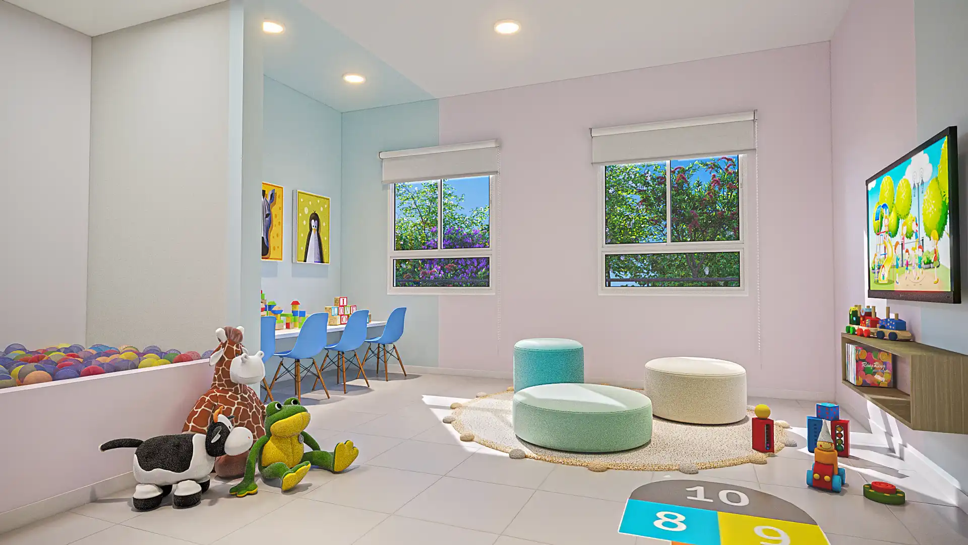 Brinquedoteca colorida com piscina de bolinhas e brinquedos