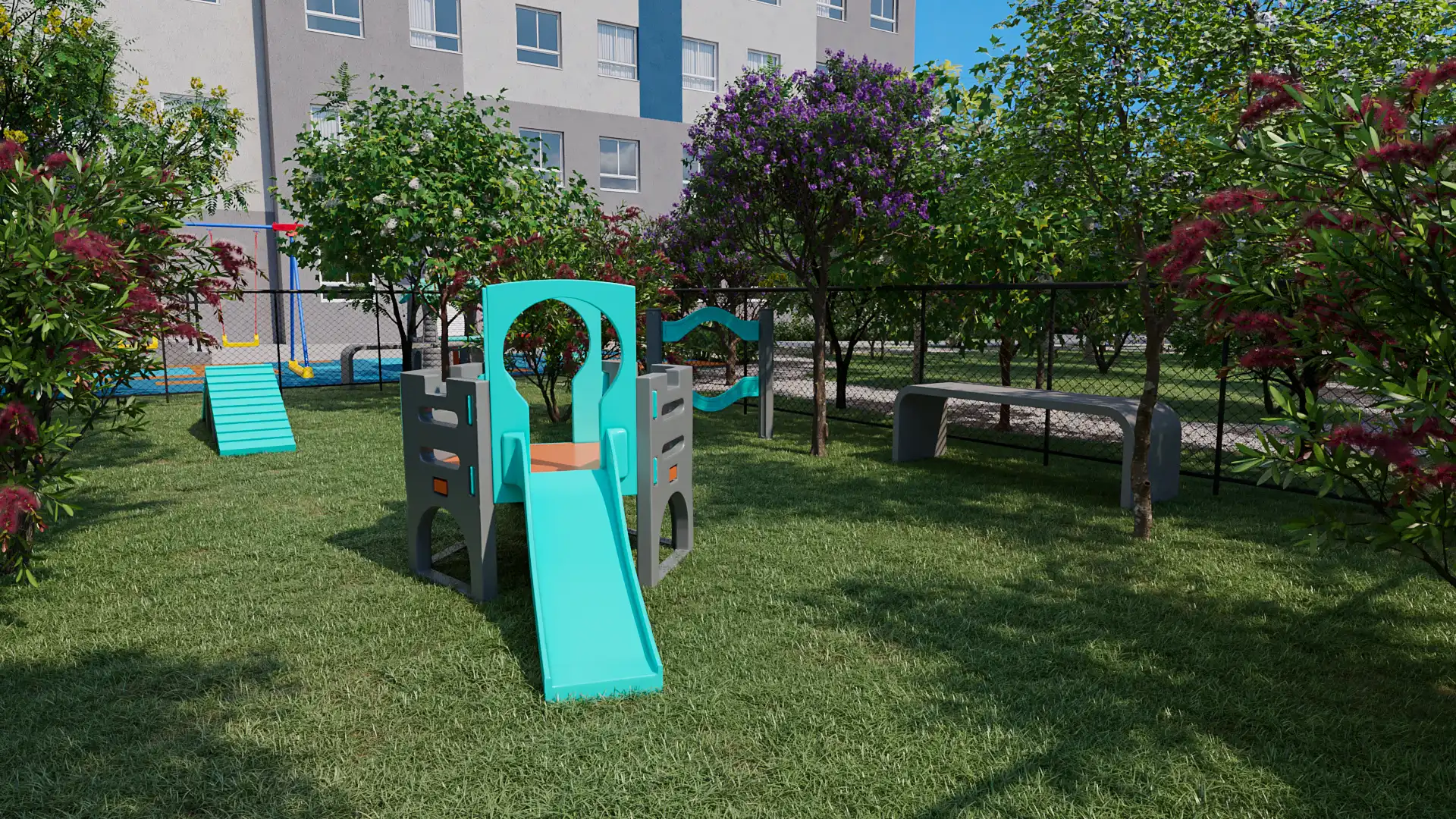 Playground infantil com escorregador em área gramada